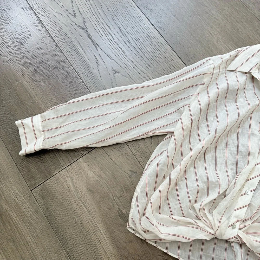NWT Zara Cream and Red Striped Sheer Top Knotted Hem Medium - Picture 3 of 12